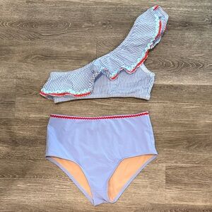 J. Crew seersucker one shoulder ruffle bikini set high waisted blue white Medium